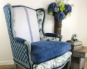 Custom Listing - Blue French Country Chair Inspired by Boho Kantha Quilts and Vintage Grain Sack