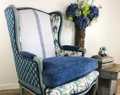 Custom Listing - Blue French Country Chair Inspired by Boho Kantha Quilts and Vintage Grain Sack