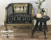 Eclectic Boho Mudcloth Chair with Original Batik Art Pillow – Vintage Accent Chair, African Textile Upholstery, One-of-a-Kind Seating