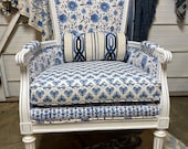 Blue & White Block Print Armchair | Comfortable Upholstered Accent Chair with Kantha Quilt | Boho French-Inspired Statement Seating