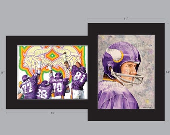 May include: A framed set of two watercolor paintings depicting Minnesota Vikings football players. The first painting shows four players in purple uniforms with the team logo on their helmets, raising their arms in celebration. The second painting shows a close-up of a player in a purple uniform with the team logo on his helmet, looking to the side. The paintings are framed in black and measure 11 inches by 14 inches.