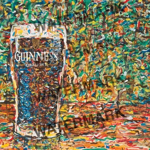 May include: A painting of a glass of Guinness beer on a colorful, abstract background. The glass is filled with dark brown beer and has the Guinness logo and the word "Draught" printed on it.