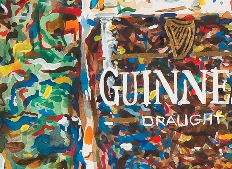 May include: A close-up of a Guinness beer bottle with a white label and the words "GUINNESS DRAUGHT" printed on it. The label is surrounded by a colorful, abstract background.