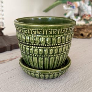 May include: A glossy olive green ceramic plant pot with a matching saucer. The exterior features a textured pattern with horizontal bands of raised beads and vertical fluted lines around the base, creating a decorative relief effect.