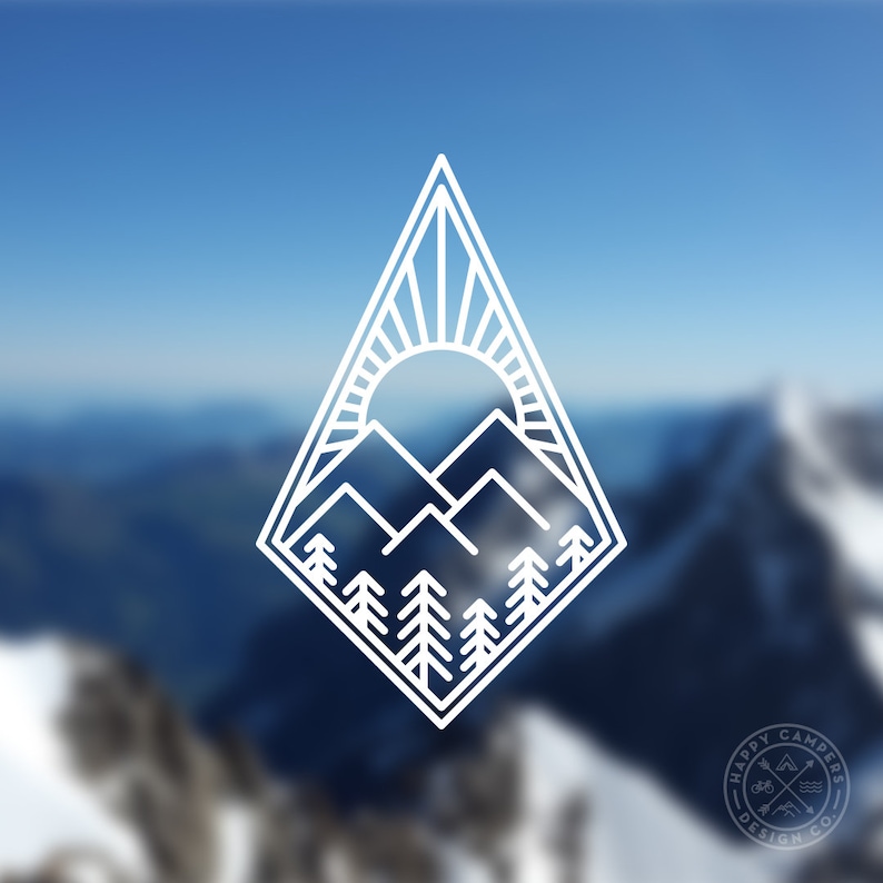 May include: A white line art illustration of a mountain range with a sun rising behind it. The illustration is inside a diamond shape with a white outline. The background is a blurred image of a mountain range.