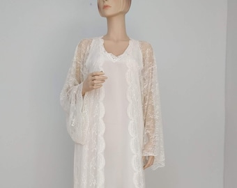 Bridal Robe | Wedding Lingerie Ivory Lace Robe | Bridal Sleepwear Long Sleeve | Bridesmaid | Wedding | Honeymoon | Size S - L