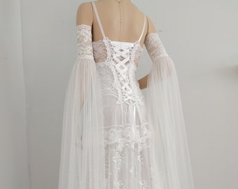 Mangas longas de tule rendado marfim destacáveis para noivas - Manga removível com cauda, mangas de casamento estilo boho com ombros de fora, mangas de tule com cauda