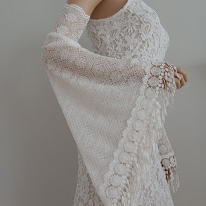Boho Bridal Off-White Lace Detachable Sleeves with fringe lace at the bottom. Off-shoulder boho wedding sleeves. Removable soft lace sleeves