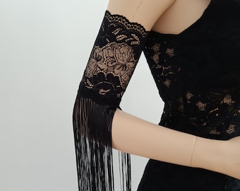 Mangas desmontables estilo victoriano bohemio: mangas de encaje negro con flecos y hombros descubiertos para boda bohemia, disfraz de Halloween.
