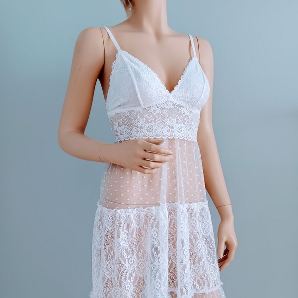 Bridal Short White Lace/Tulle Nightgown | Bohemian Lingerie | Wedding | Bridesmaid | Wedding Bohemian Camisole | Honeymoon, Size S - XL