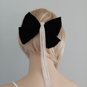 Black Rhinestone Velvet Bow Hair Clip, Vintage Black Velvet Hair Clip, French Bow, Hair Accessories, Pretty Hair Bow | Wedding Accessories