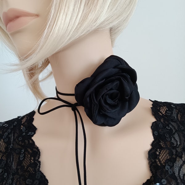 Rosette Wrap Necklace | Romantic Black Satin Rose Flower Choker | Bridesmaid Necklace | Rose Choker | Gift For Her | Wedding Accessories