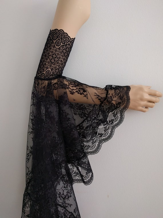 black lace sleeves to add to dress Boho Victorian Detachable Black Sleeves - Detachable Bicep Black Lace Long Sleeves, off Shoulder Bohemian Wedding Sleeves
