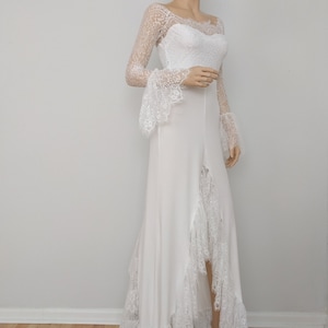 Bohemian White Wedding Dress | Wedding Boho Dress Long Sleeves| White Lace Wedding Train Dress | Bridal Gown White Dress, Prom Dress, Size S