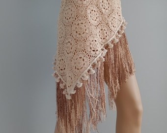 Boho Beige Ivory Fringed Tutu Crochets Wrap Skirt | Woman Shabby Faerie Hippie Boho Cover up Beach Skirts | Dance Skirt | Waist 28&quot;-36&quot;