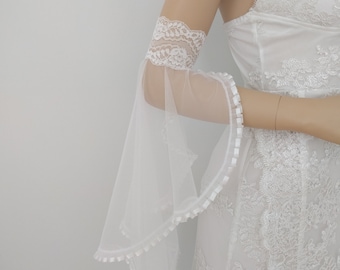 Bridal White Lace Tulle Removable Sleeves - Off Shoulder Boho Wedding Sleeves, Detachable White Lace Sleeves, Gloves