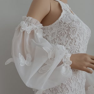 Removable Romantic Sleeves Embroidered Organza with 3D Butterflies. Detachable off-white organza puff sleeves, off-shoulder wedding sleeves.