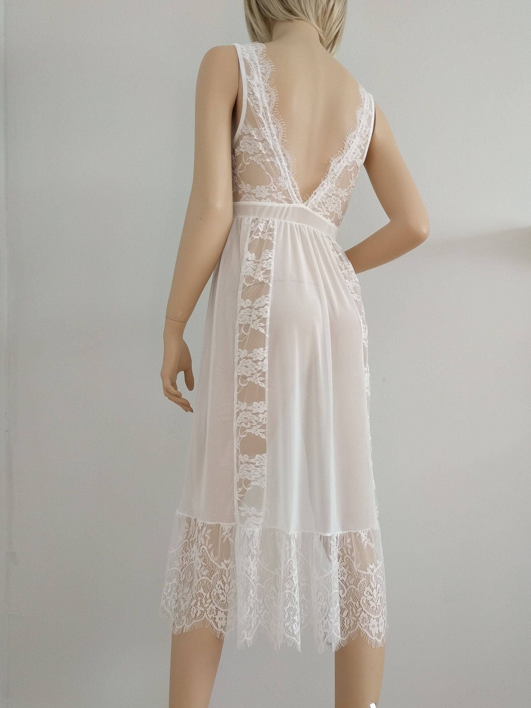 Chemise De Nuit à Manches Longues Pour Femmes, Chemise De Nuit Longue En Coton Brodé Dentelle Princesse Robe De Nuit Blanche Vêtements De Maison, Blanc, M