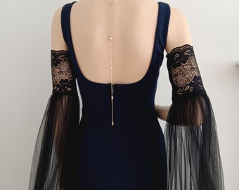 Detachable Bridal Black Long Tulle Lace Sleeves - Removable Sleeve With Sleeve Train, Off Shoulder Boho Wedding Sleeves, Tulle Sleeves Train