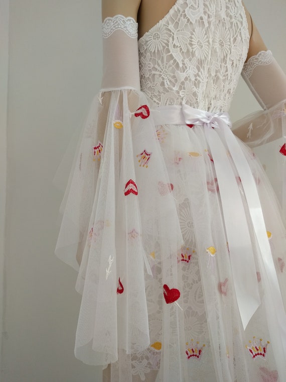 white lace dress with red hearts White / Red Hearts Tulle Detachable Wedding Train, Detachable Wedding Skirt, Wedding Tulle Train 2 layers, Valentine's Gift for Her