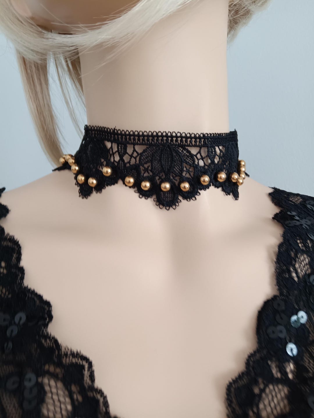 Elegant Black Lace Gold Beads Choker | Gothic | Victorian Necklace ...