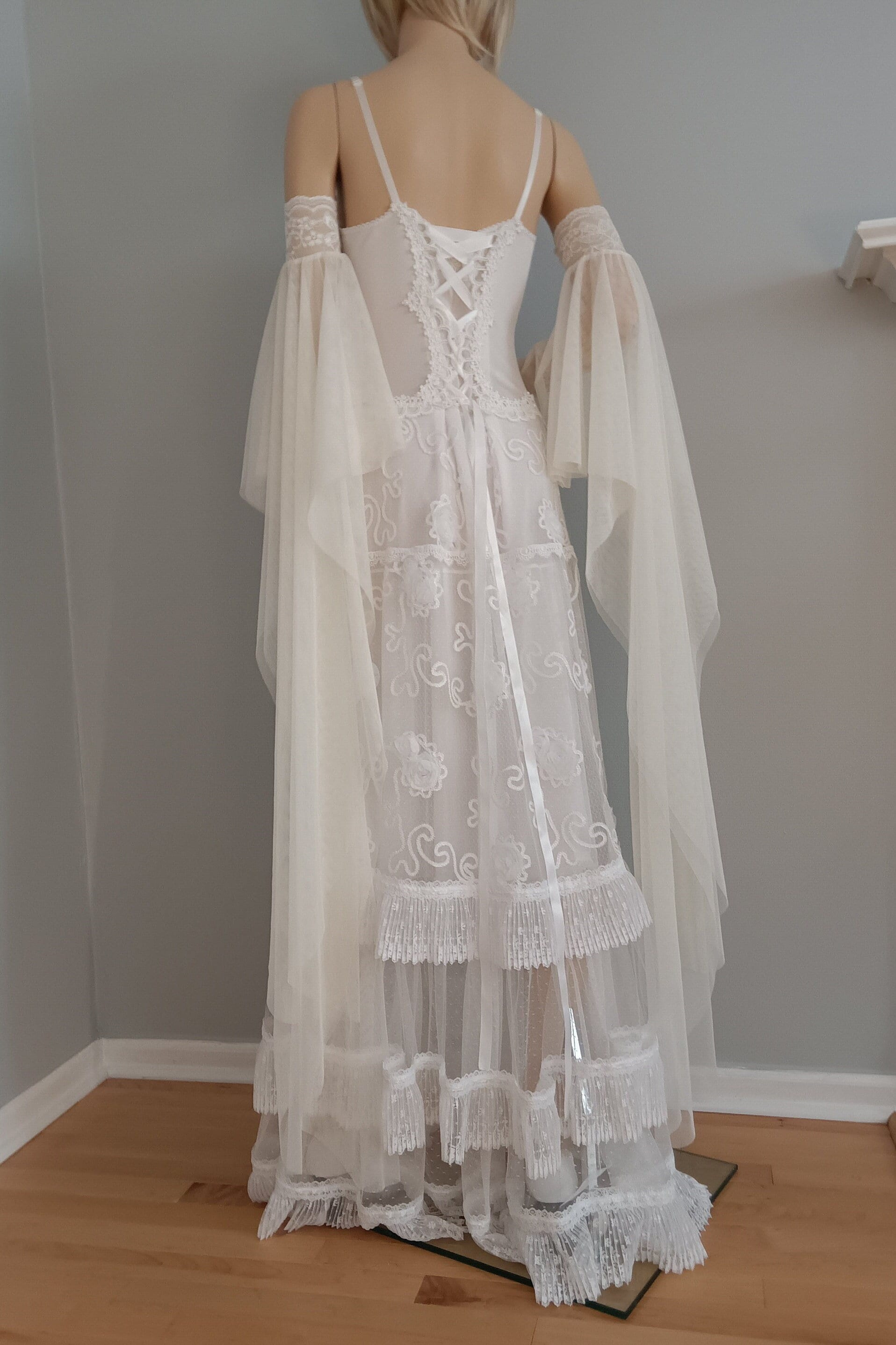 Encaje marfil nupcial con mangas desmontables de tul - Mangas de boda bohemias con hombros descubiertos, mangas largas de encaje desmontables