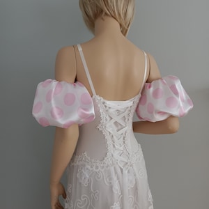 Bridal Pink/White, Polka Dot Satin Short Puff Sleeves | Removable Sleeves | Wedding Sleeves | Evening Sleeves Dress