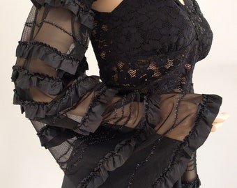 Black Lace Tulle Raffles Sleeves - Off Shoulder Boho Removable Sleeves, Gloves