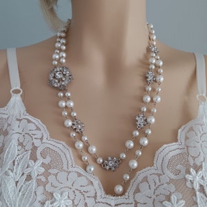 Elegant White Pearls Beaded Necklace 2 Strands | Silver Pear | Gothic | Victorian Necklace | Gothic Bohemian | Necklace for Women Gift