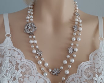 Elegant White Pearls Beaded Necklace 2 Strands | Silver Pear | Gothic | Victorian Necklace | Gothic Bohemian | Necklace for Women Gift