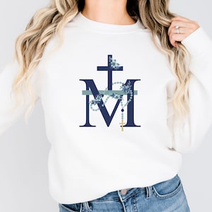 Marian Cross Catholic Shirt Auspice Maria Catholic Sweatshirt Catholic Hoodie Catholic Gifts Christmas Traditional Catholic Miraculous Medal