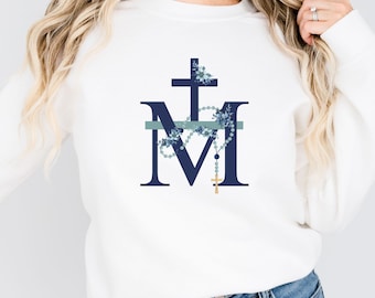 Marian Cross Catholic Shirt Auspice Maria Catholic Sweatshirt Catholic Hoodie Catholic Gifts Easter Traditional Catholic Miraculous Medal