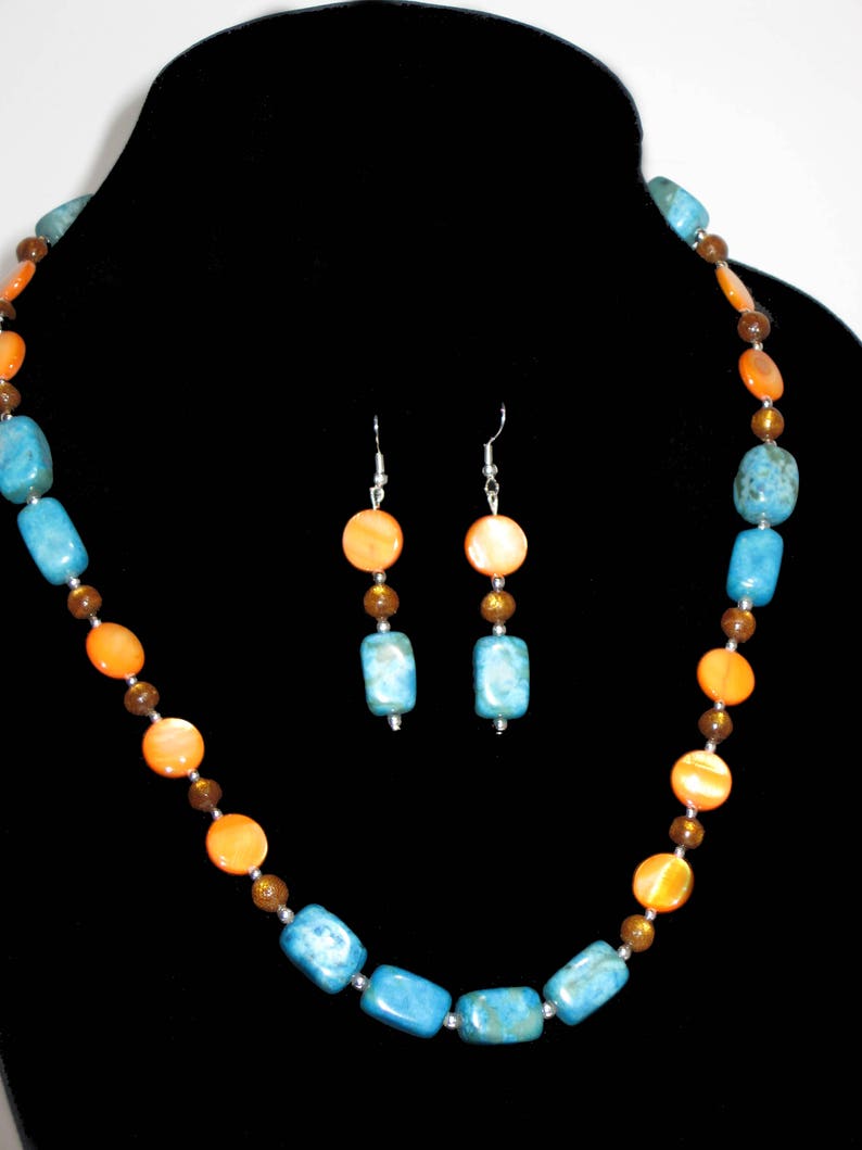 orange shell and rust coral Semi-precious stone necklace and earrings set made of turquoise jasper