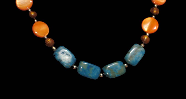 orange shell and rust coral Semi-precious stone necklace and earrings set made of turquoise jasper