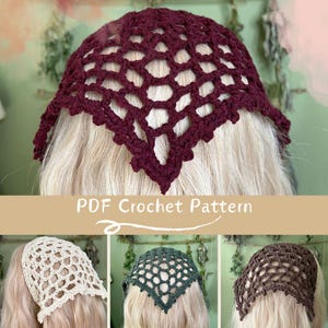 May include: PDF crochet pattern for a crocheted head scarf. The pattern includes instructions for making a burgundy, cream, and green scarf.
