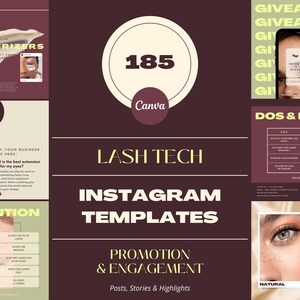 May include: A collection of Instagram templates for lash technicians. The templates feature a variety of designs, including a giveaway announcement, a Q&A session, retention tips, and a dos and don'ts list. The templates are designed to help lash technicians promote their business and engage with their followers.