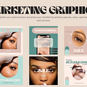 May include: Six Instagram story templates for a lash business. The templates feature a light pink background with a light blue circle and text that says "Sale", "Brush Reminder", "Notification", "New Collection", "Happy International Lash Day", and "Sale 10.02". Each template features a close-up photo of a person's eye with eyelashes.
