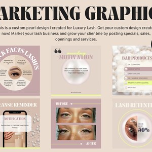Puede incluir: Una colección de nueve gráficos de historia de Instagram para un negocio de pestañas. Los gráficos presentan un esquema de color rosa y beige con acentos de perlas. Los gráficos incluyen información sobre extensiones de pestañas, cuidado de pestañas y retención de pestañas. El texto en los gráficos incluye "6 Quick Facts Lashes", "Motivation", "Bad Products", "Cleanse Reminder", "Before", "After", y "Lash Retention".