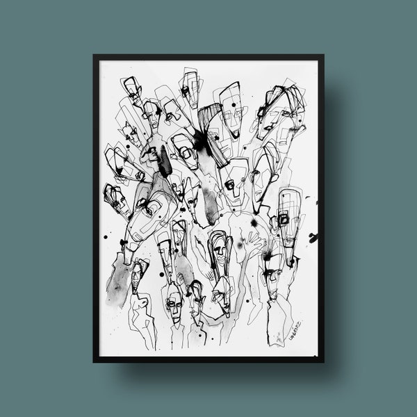 Original drawing, black and white artwork, expressionist painting, watercolor drawing, contemporary art, original artwork, modern painting