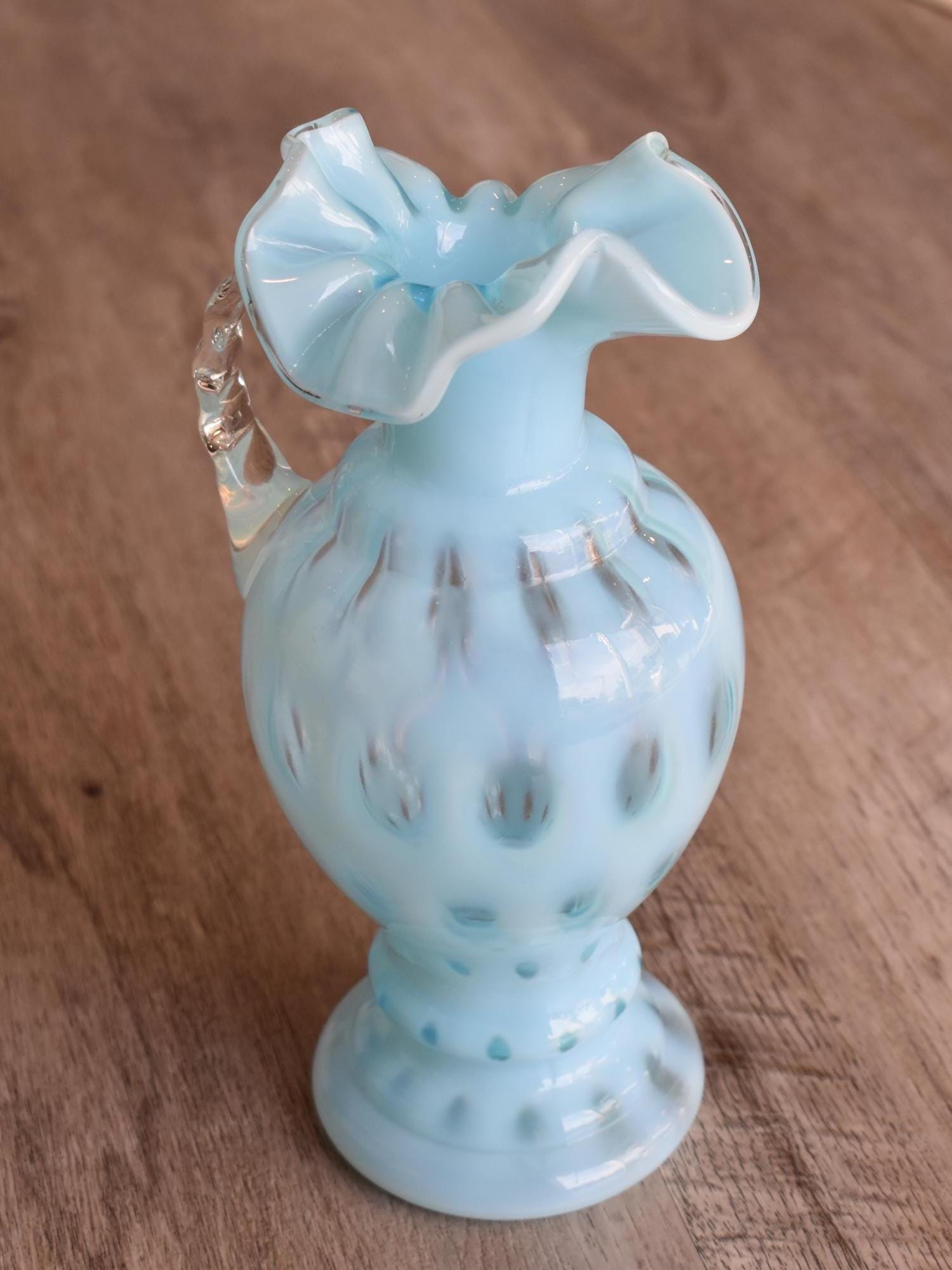 Fenton Blue Opalescent Coin Dot Pitcher / Ewer – 9″ Vintage Art Glass ...
