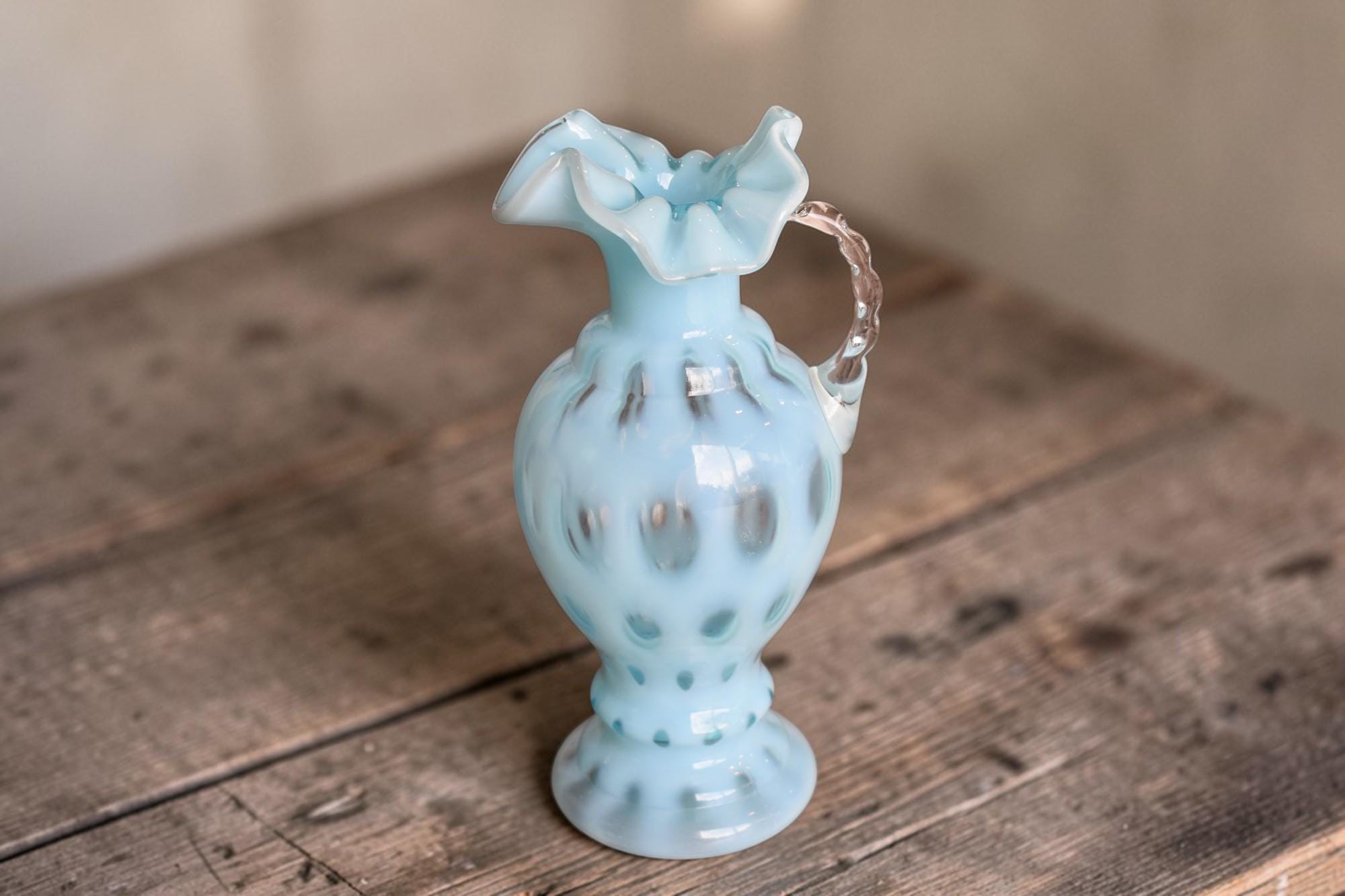 Fenton Blue Opalescent Coin Dot Pitcher / Ewer – 9″ Vintage Art Glass ...