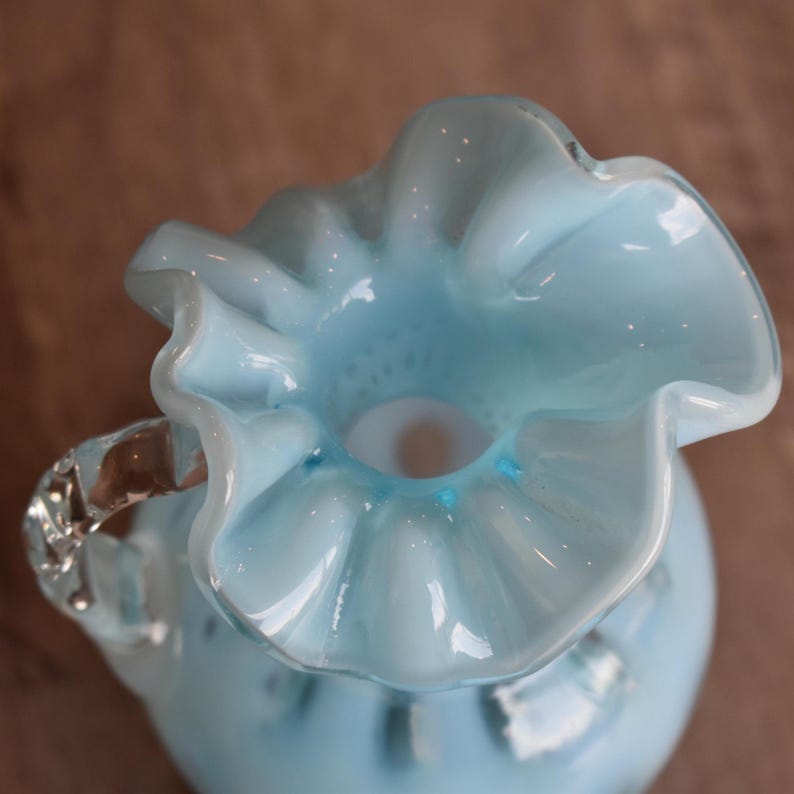 Fenton Blue Opalescent Coin Dot Pitcher / Ewer – 9″ Vintage Art Glass ...