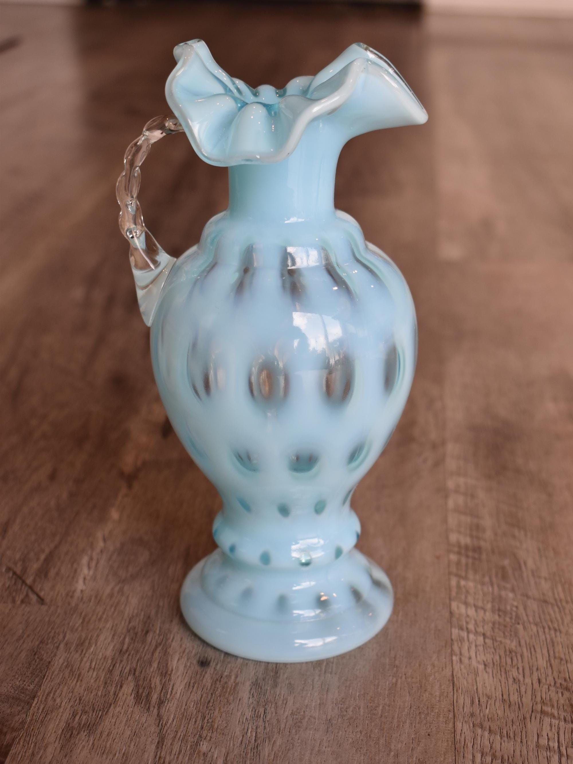 Fenton Blue Opalescent Coin Dot Pitcher / Ewer – 9″ Vintage Art Glass ...