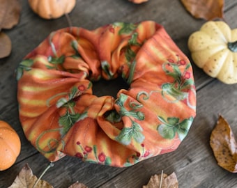 Autumn Pumpkin Scrunchie with Gold Accents | Handmade Fall Hair Tie | Cozy Orange Hair Accessory