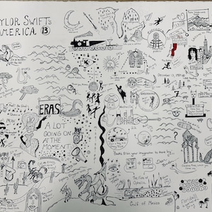 May include: Black and white hand-drawn illustration titled "Taylor Swift's America." The artwork depicts various elements, including a train, mountains, a swan, and text that reads "ERAS" and "A LOT GOING ON AT THE MOMENT."