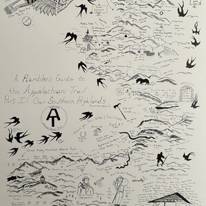 May include: Hand-drawn map of the Appalachian Trail's Southern Highlands, featuring illustrations of birds, mountains, and landmarks. Includes text: "A Rambler's Guide to the Appalachians Trail Part I: Our Southern Highlands."