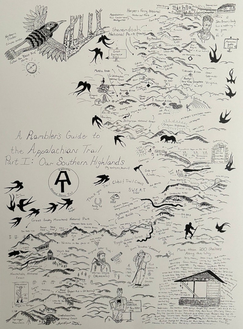 May include: Hand-drawn map of the Appalachian Trail's Southern Highlands, featuring illustrations of birds, mountains, and landmarks. Includes text: "A Rambler's Guide to the Appalachians Trail Part I: Our Southern Highlands."