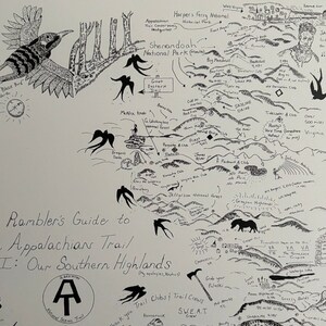 May include: Hand-drawn map of the Appalachian Trail's Southern Highlands, featuring illustrations of birds, trees, and landmarks. The map includes text such as "A Rambler's Guide" and "National Scenic Trail".