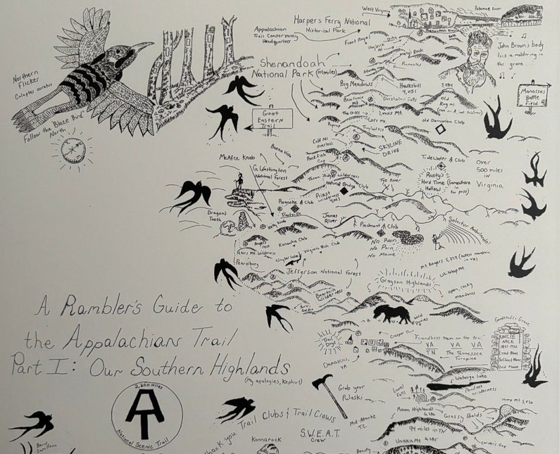 May include: Hand-drawn map of the Appalachian Trail's Southern Highlands, featuring illustrations of birds, trees, and landmarks. The map includes text such as "A Rambler's Guide" and "National Scenic Trail".