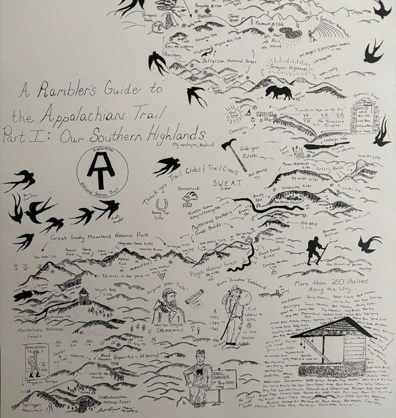 May include: Hand-drawn map titled "A Rambler's Guide to the Appalachian Trail, Part I: Our Southern Highlands." The map features illustrations of mountains, trails, and landmarks, with text and drawings of birds. The map includes the National Scenic Trail logo.